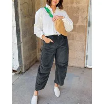 Flygo Womens Corduroy Pants Mid Rise Corduroy Barrel Pants Wide Leg Elastic Waist Cord Pants Casual ...