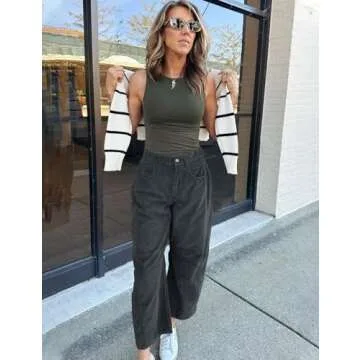 Flygo Womens Corduroy Pants Mid Rise Corduroy Barrel Pants Wide Leg Elastic Waist Cord Pants Casual Baggy Trousers(Darkgrey-S)