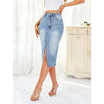 Floerns Casual High Waist Split Thigh Denim Midi Skirt