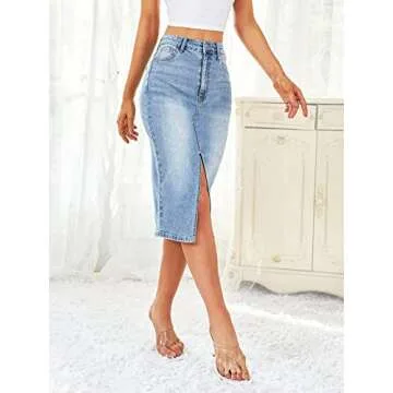 Floerns Casual High Waist Split Thigh Denim Midi Skirt