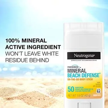 Neutrogena Purescreen+ Mineral Beach Defense On-The-Go Body Sunscreen Stick with Broad Spectrum SPF 50, Water Resistant UVA/UVB Protection, Absorbs Quickly & Dries Clear, 1.5 oz