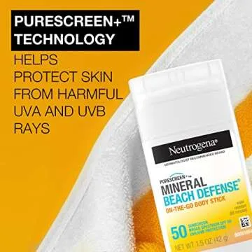 Neutrogena Purescreen+ Mineral Beach Defense On-The-Go Body Sunscreen Stick with Broad Spectrum SPF 50, Water Resistant UVA/UVB Protection, Absorbs Quickly & Dries Clear, 1.5 oz