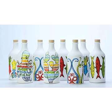 Antico Frantoio Muraglia, Premium Italian Extra Virgin Olive Oil, POP ART Collection Set of 2: Sardines and Cuttlefish, EVOO Collectible Handmade Ceramic Bottles 17 Fl.oz Food Gift Set