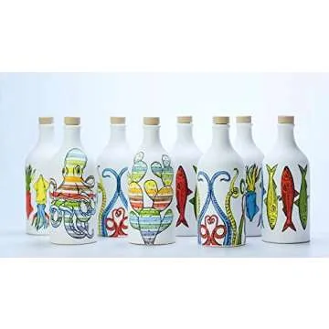 Antico Frantoio Muraglia, Premium Italian Extra Virgin Olive Oil, POP ART Collection Set of 2: Sardines and Cuttlefish, EVOO Collectible Handmade Ceramic Bottles 17 Fl.oz Food Gift Set