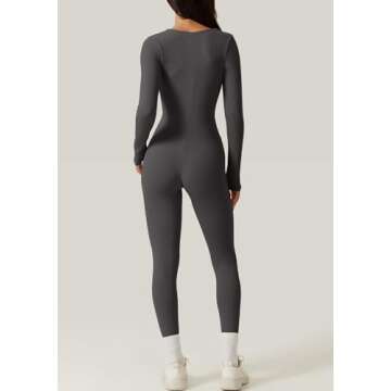 QINSEN Women's Square Neck Curvy Jumpsuit High Waist Long Sleeve Fall Outfits Light Black M