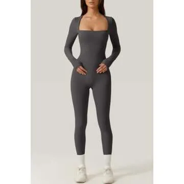 QINSEN Women's Square Neck Curvy Jumpsuit High Waist Long Sleeve Fall Outfits Light Black M