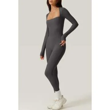 QINSEN Women's Square Neck Curvy Jumpsuit High Waist Long Sleeve Fall Outfits Light Black M