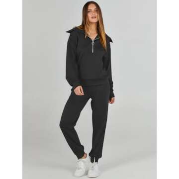ANRABESS Women 2 Piece Outfits Sweatsuit 2024 Fall Half Zip Sweatshirt Jogger Sweatpants Tracksuit Lounge Set Trendy Clothes Black Medium