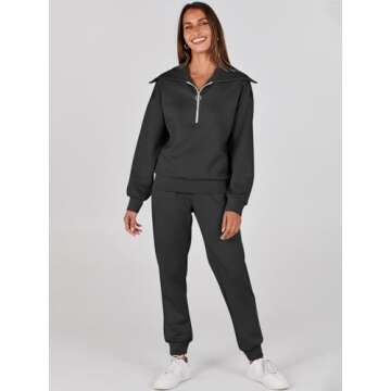 ANRABESS Women 2 Piece Outfits Sweatsuit 2024 Fall Half Zip Sweatshirt Jogger Sweatpants Tracksuit Lounge Set Trendy Clothes Black Medium