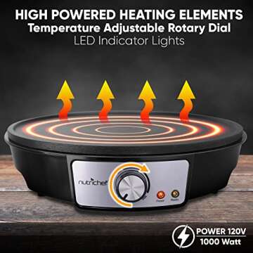 nutrichef Electric Crepe Maker Pan & Griddle, 12 Inch Nonstick Cooktop, LED Indicators & Adjustable Temperature Control, Includes Spatula, Batter Spreader, Cooks Crepes, Roti & Pancakes