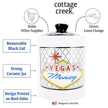Cottage Creek Vegas Money Casino Money Jar, 6" White Ceramic Gift Boxed Las Vegas Casino Piggy Bank with Lid, Fun Home Decor Slot Machine Gifts for Men and Women