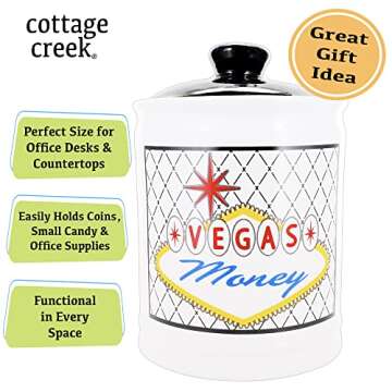Cottage Creek Vegas Money Casino Money Jar, 6" White Ceramic Gift Boxed Las Vegas Casino Piggy Bank with Lid, Fun Home Decor Slot Machine Gifts for Men and Women