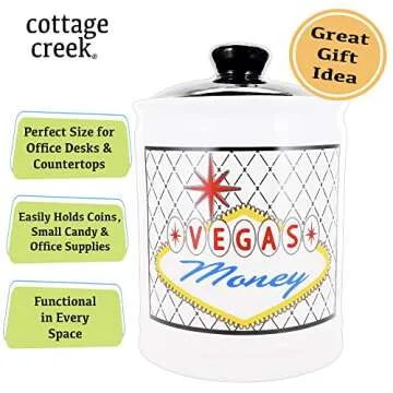 Cottage Creek Vegas Money Casino Money Jar, 6" White Ceramic Gift Boxed Las Vegas Casino Piggy Bank with Lid, Fun Home Decor Slot Machine Gifts for Men and Women