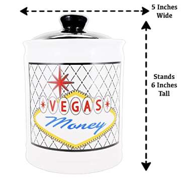 Cottage Creek Vegas Money Casino Money Jar, 6" White Ceramic Gift Boxed Las Vegas Casino Piggy Bank with Lid, Fun Home Decor Slot Machine Gifts for Men and Women