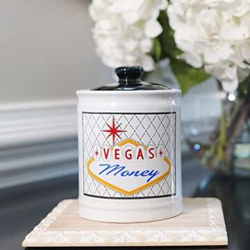 Cottage Creek Vegas Money Casino Money Jar, 6" White Ceramic Gift Boxed Las Vegas Casino Piggy Bank with Lid, Fun Home Decor Slot Machine Gifts for Men and Women