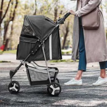 MoNiBloom Foldable Pet Stroller with Weather Cover, 3 Wheels Pet Strolling Cart for Small/Medium Dogs and Cats with Storage Basket and Cup Holder, Breathable and Visible Mesh for All-Season, Black