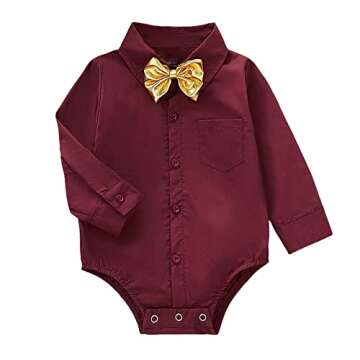 SOBOWO Baby Burgundy Shirts Baby Boy Burgundy Outfit Infant Formal Dress Shirt Bodysuit Long Sleeve Button Up One-Piece Romper Jumpsuit Wedding Party 0-24M(0-3 Months, Burgundy)