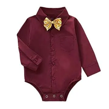 SOBOWO Baby Burgundy Shirts Baby Boy Burgundy Outfit Infant Formal Dress Shirt Bodysuit Long Sleeve Button Up One-Piece Romper Jumpsuit Wedding Party 0-24M(0-3 Months, Burgundy)