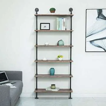 FODUE Industrial Pipe Shelving 6-Tier Rustic Wood Design