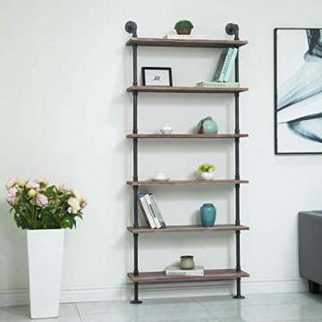 FODUE Industrial Pipe Shelving 6-Tier Rustic Wood Design