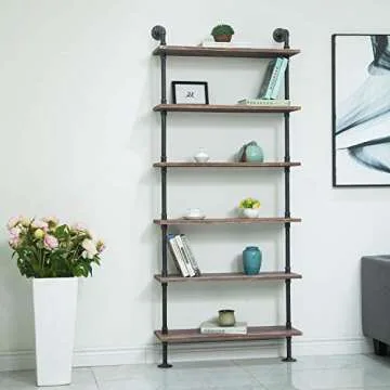FODUE Industrial Pipe Shelving 6-Tier Rustic Wood Design