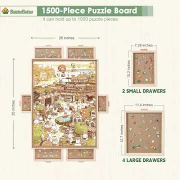 BuilderButler 1500 Pieces Rotating Puzzle Board with 6 Drawers,26"x35" Portable Wooden Jigsaw Puzzle Table with Lazy Susan Spinning Cover
