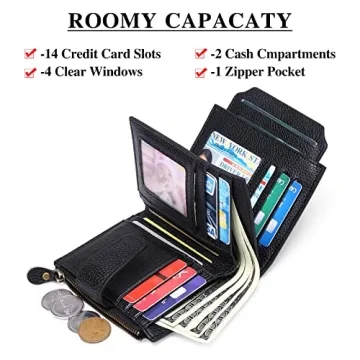 Compact RFID Leather Wallet for Women - 14 Slots