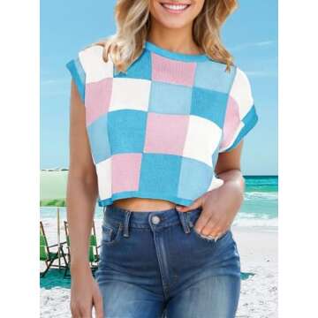 Womens Spring Crop Tops 2025 Trendy Cap Sleeve Vest Blue