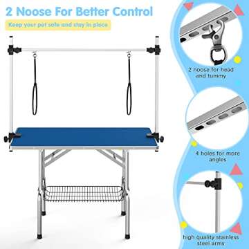 Lyromix 46''Large Dog Grooming Table, Adjustable Cat Drying Desktop with Arms, Nooses, Mesh Tray, Foldable Pet Station at Home, Maximum Capacity Up to 330Lb, 36inch, Blue