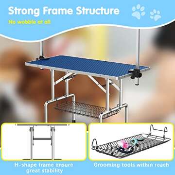 Lyromix 46''Large Dog Grooming Table, Adjustable Cat Drying Desktop with Arms, Nooses, Mesh Tray, Foldable Pet Station at Home, Maximum Capacity Up to 330Lb, 36inch, Blue