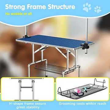 Lyromix 46''Large Dog Grooming Table, Adjustable Cat Drying Desktop with Arms, Nooses, Mesh Tray, Foldable Pet Station at Home, Maximum Capacity Up to 330Lb, 36inch, Blue