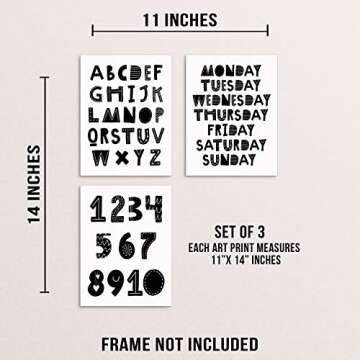 Kids Bedroom Bathroom Wall Poster Art Print Set- Children's Scandinavian ABCs Alphabet Numbers and D...