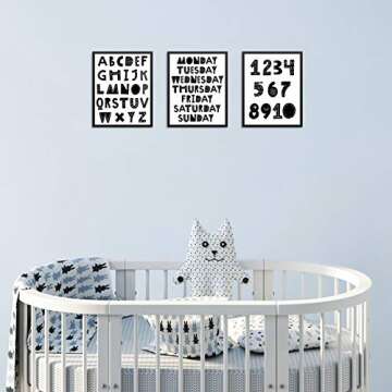 Kids Bedroom Bathroom Wall Poster Art Print Set- Children's Scandinavian ABCs Alphabet Numbers and Days of Week -11"x14" UNFRAMED- Boy Girl Playroom Nursery Preschool Educational (BLK SET OF 3)