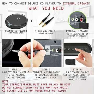 Deluxe Products CD Player Portable with 60 Second Anti Skip, Stereo Earbuds, Includes Aux in Cable and AC USB Power Cable for use at Home or in Car