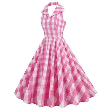 IDOPIP Pink Plaid Dress for Women Retro Halter Cocktail Party Swing Dresses 1950s Vintage Gingham Sl...