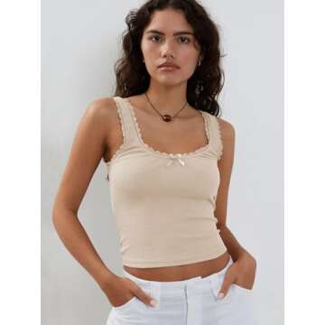 Glamorous Sexy Lace Trim Tank Top for Women - Y2K Inspired Sleeveless Camo Shirt (Apricot, S)