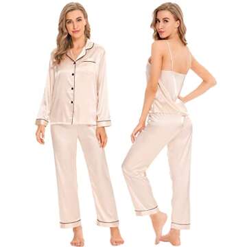 SWOMOG Women Satin Pajamas 4pcs Pajama Set Sexy Cami Shorts Set and Button Down Long Sleeve Pjs Loungewear Sleepwear Champagne,X-Small