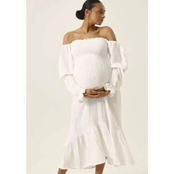 NOTHING FITS BUT Women’s Classic Nursing Cotton Yuki Dress, Muslin Yuki Maternity Gown, Casual Maternity Dress, White, White wear, L