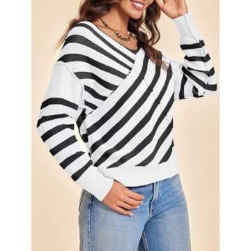 Saodimallsu Womens Striped V Neck Sweaters Long Sleeve Color Block Sexy Off Shoulder Loose Knit Pullover Tops Black White