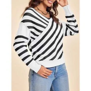 Saodimallsu Womens Striped V Neck Sweaters Long Sleeve Color Block Sexy Off Shoulder Loose Knit Pullover Tops Black White