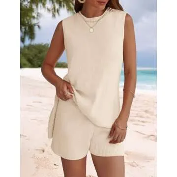 NENONA Women's Summer Sleeveless Sweater Sets Casual Knit Tunic Tops and Shorts 2 Piece Outfits,Beige,XL