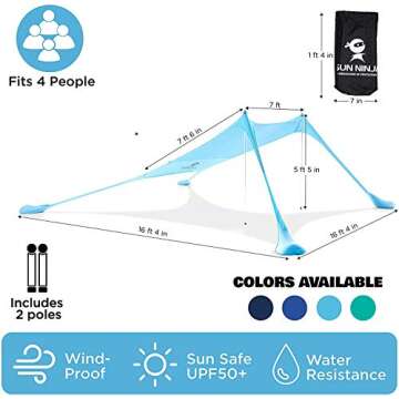 SUN NINJA Pop Up Beach Tent Sun Shelter UPF50+ with Sand Shovel, Ground Pegs and Stability Poles, Ou...