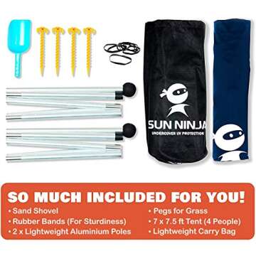 SUN NINJA Pop Up Beach Tent Sun Shelter UPF50+ with Sand Shovel, Ground Pegs and Stability Poles, Outdoor Shade for Camping Trips, Fishing, Backyard Fun or Picnics (7x7.5 FT 2 Pole, Turquoise)