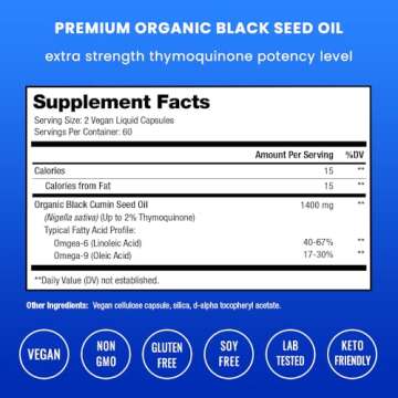 NutraChamps Organic Black Cumin Seed Oil Capsules - 120 Vegan Softgels, 1400mg Cold Pressed Oil