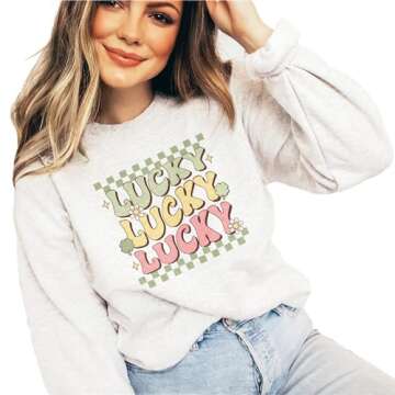 Groovy Lucky St Patrick's Day Sweatshirt, St Paddy's Day Sweater, Cute Clovers & Daisies Gifts For Women, Unisex Crewneck Sweatshirt