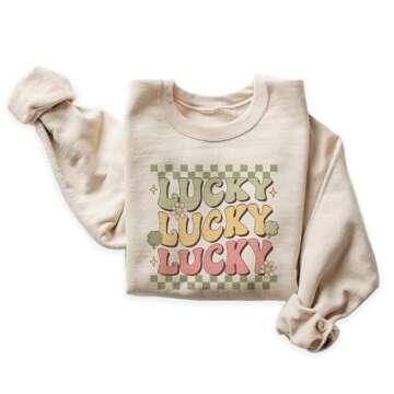 Groovy Lucky St Patrick's Day Sweatshirt, St Paddy's Day Sweater, Cute Clovers & Daisies Gifts For Women, Unisex Crewneck Sweatshirt
