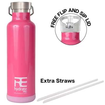 Rehydrate Pro 25oz Insulated Water Bottle with Straw, Bonus Lids and Leak Proof Flask to Keep Liquid...
