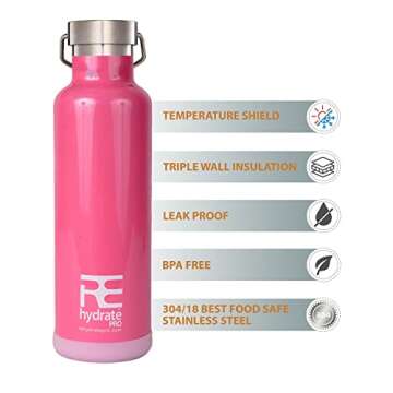 Rehydrate Pro 25oz Insulated Water Bottle with Straw, Bonus Lids and Leak Proof Flask to Keep Liquids Hot or Cold- Triple Wall Vacuum Water Bottle Insulated, Perfect for Gifts