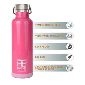 Rehydrate Pro 25oz Insulated Water Bottle with Straw, Bonus Lids and Leak Proof Flask to Keep Liquids Hot or Cold- Triple Wall Vacuum Water Bottle Insulated, Perfect for Gifts
