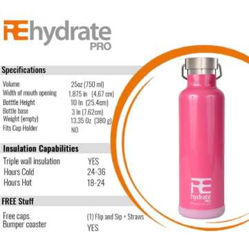 Rehydrate Pro 25oz Insulated Water Bottle with Straw, Bonus Lids and Leak Proof Flask to Keep Liquids Hot or Cold- Triple Wall Vacuum Water Bottle Insulated, Perfect for Gifts